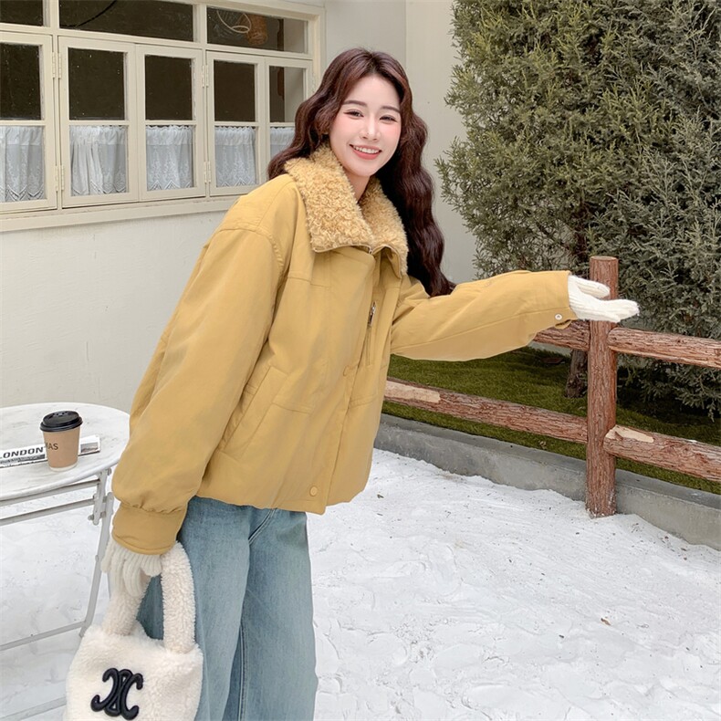 冬装羊圈毛大翻领拼PU皮内胆羽绒90绒短外套2C050-1301-P285-K398,女装羽绒服,2C050
