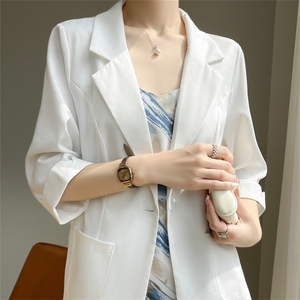 薄款白色西装外套女宽松休闲百搭中袖小个子西服短款图片