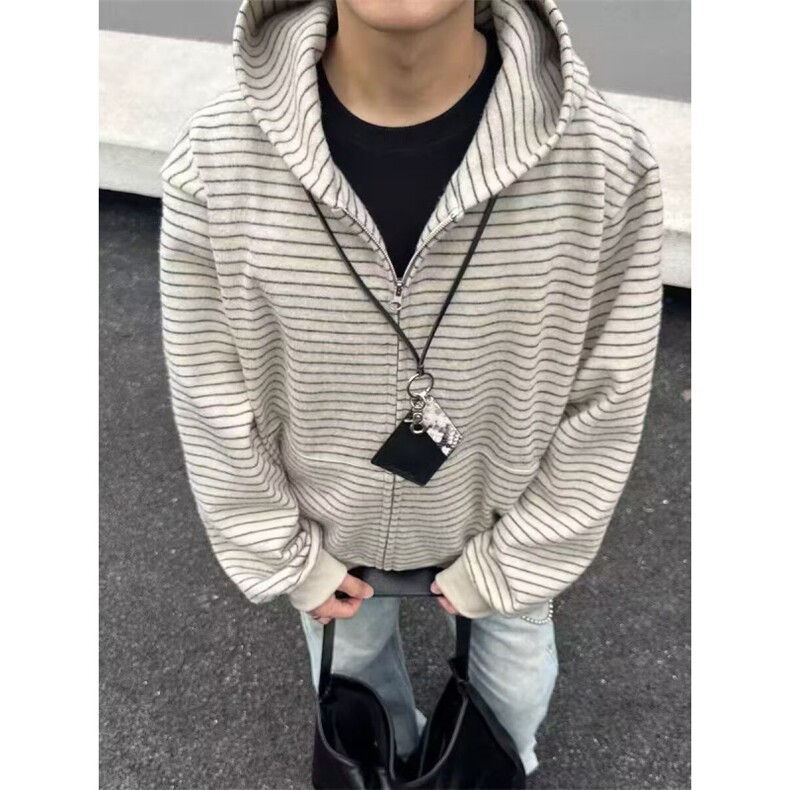 新款美式复古条纹开衫拉链长袖卫衣男女春秋连帽宽松慵懒风外套,女装短外套,星座601-1
