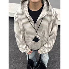 新款美式复古条纹开衫拉链长袖卫衣男女春秋连帽宽松慵懒风外套，女装短外套，星座601-1