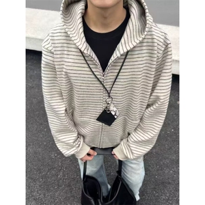 新款美式复古条纹开衫拉链长袖卫衣男女春秋连帽宽松慵懒风外套图片
