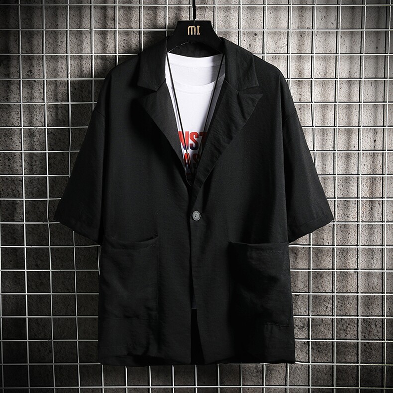 A119-P50七分袖西装男大码宽松五分袖小西服网格挂拍，男装西服，电商A040A