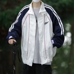 条纹拼接男款休闲外套秋季高街撞色情侣上衣宽松翻领夹克J576/P65图片