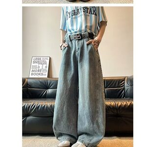 新款复古直筒微喇蓝色牛仔裤男小众设计感阔腿宽松哈伦拖地裤子图片