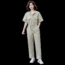 立领连衣裤2021夏装新款简约时尚百搭工装风抽绳收腰显瘦连体裤女，女装连体裤，辉之琳