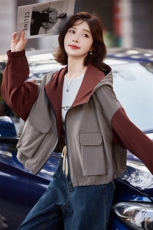 时尚撞色学生外套女2024韩系早秋宽松休闲爆款工装连帽夹克上衣，女装短外套，慧尚依恋