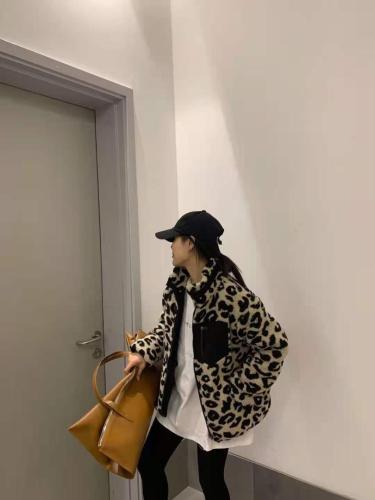 DG836潮牌豹纹立领仿羊羔毛外套,女装,L·H·X