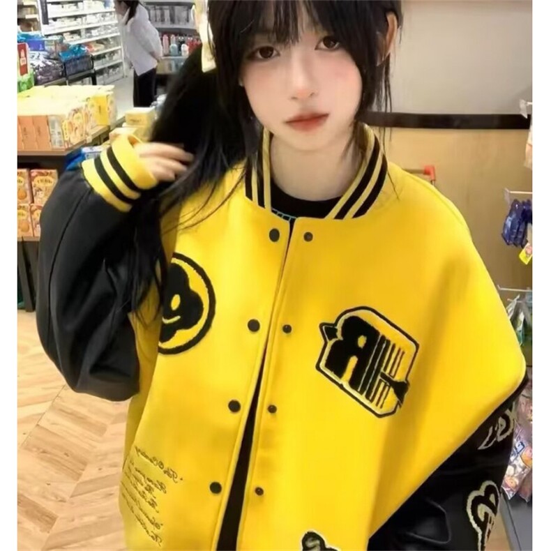 复古刺绣火焰元素字母黄色棒球服春秋季休闲百搭情侣外套 JF069图片