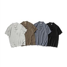 白底平铺大码日系亚麻盘扣短袖t恤风唐装复古棉麻F18/P50，男装T恤，电商A221A