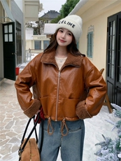 港风咖色皮毛一体短款羊羔毛皮衣外套女冬2025新款酷飒风机车棉服，女装短外套，慧尚2-185