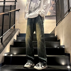 GJ8155-P40牛仔裤男春秋渐变水洗做旧痞帅微喇裤宽松直筒休闲长裤，男装牛仔裤，电商C233