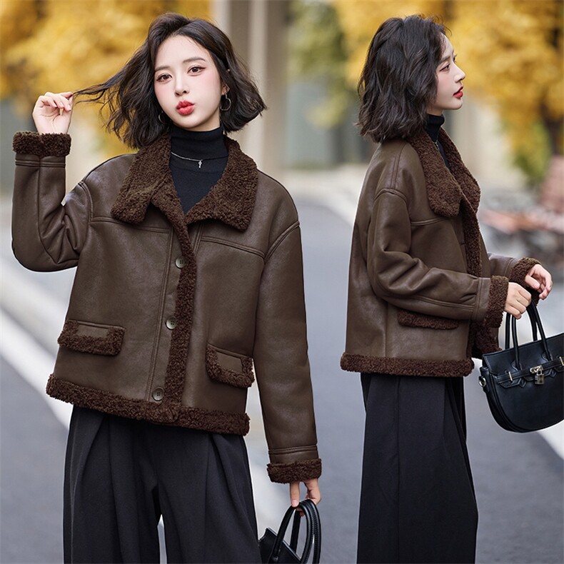 现货皮毛一体仿羊羔毛外套女短款2024秋冬新款加绒加厚外套,女装羊羔毛/颗粒绒,江南女神