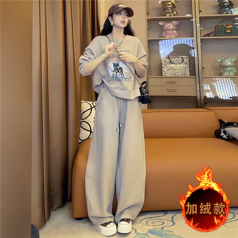 时尚休闲套装女秋冬新款宽松洋气减龄圆领印花卫衣阔腿长裤两件套,女装套装/套裙,江南