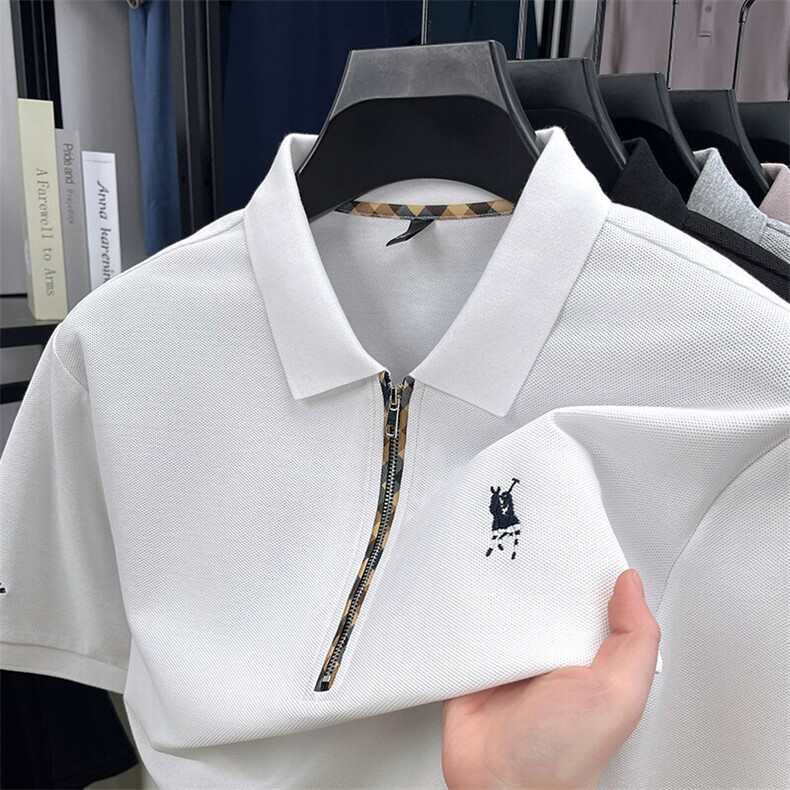 夏季纯棉短袖t恤男时尚翻领拉链款高档刺绣马标品牌半袖polo衫潮,男装T恤,电商B212（原钱塘6029）