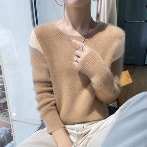 秋冬新款圆领拼色100%纯羊毛衫女宽松针织羊绒衫长袖毛衣打底上衣图片