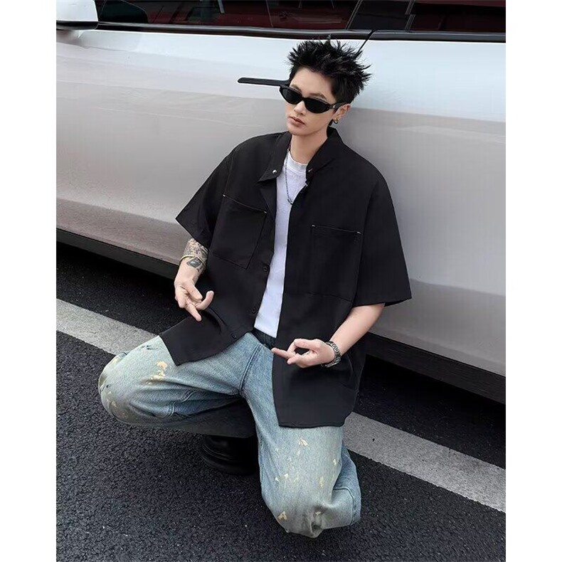 F703P31夏季痞帅男生垂感立领衬衣男短袖宽新中式男装衬衫,男装T恤,星座512-6