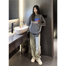 B221美式ins高街暗黑小众毛边破洞直筒牛仔裤LK23112-P75控98，男装牛仔裤，电商B221