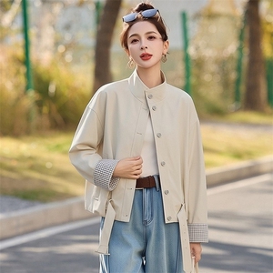 现货宽松拼色格子立领短外套女图片