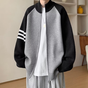 开衫毛衣男春秋季2025潮牌立领撞色针织外套男生休闲毛线衣服冬装图片