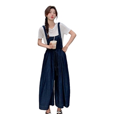 深蓝色复古牛仔背带裤套装女2025夏新款高腰显瘦T恤阔腿裤两件套，女装套装/套裙，2C133