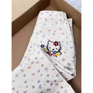 AK2348-P50刺绣kitty猫牛仔裤女夏季直筒高腰显瘦阔腿梧桐裤子潮,23岁怎么穿搭男图片