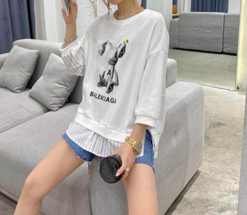 【现货】夏季新款纯棉薄款衬衫拼接七分袖圆领卫衣，女装衬衫，微迪菲