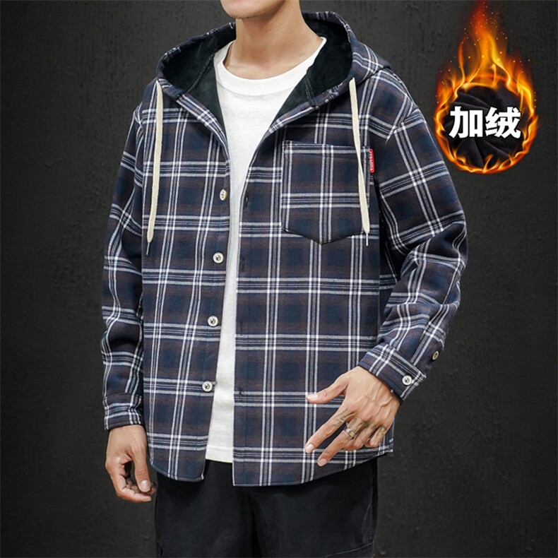 2019冬季新日系大码黑墙格子连帽加绒加厚保暖衬衣C5261-P60,男装衬衫,电商A001