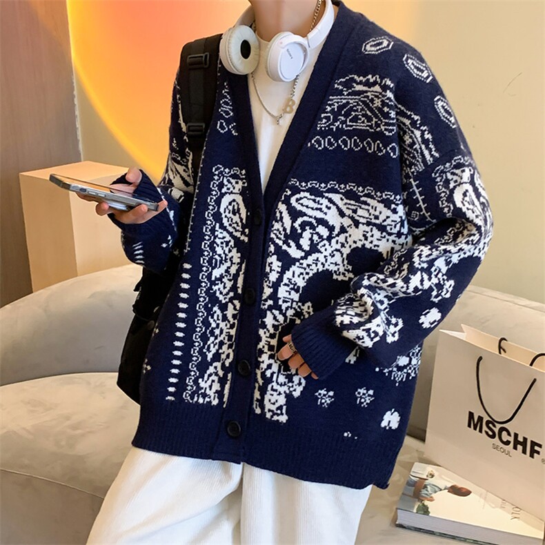M3123-P85秋冬加厚腰果花毛衣男女情侣宽松针织开衫上衣外套,男装针织衫/毛衣,电商A009A（原A058A）