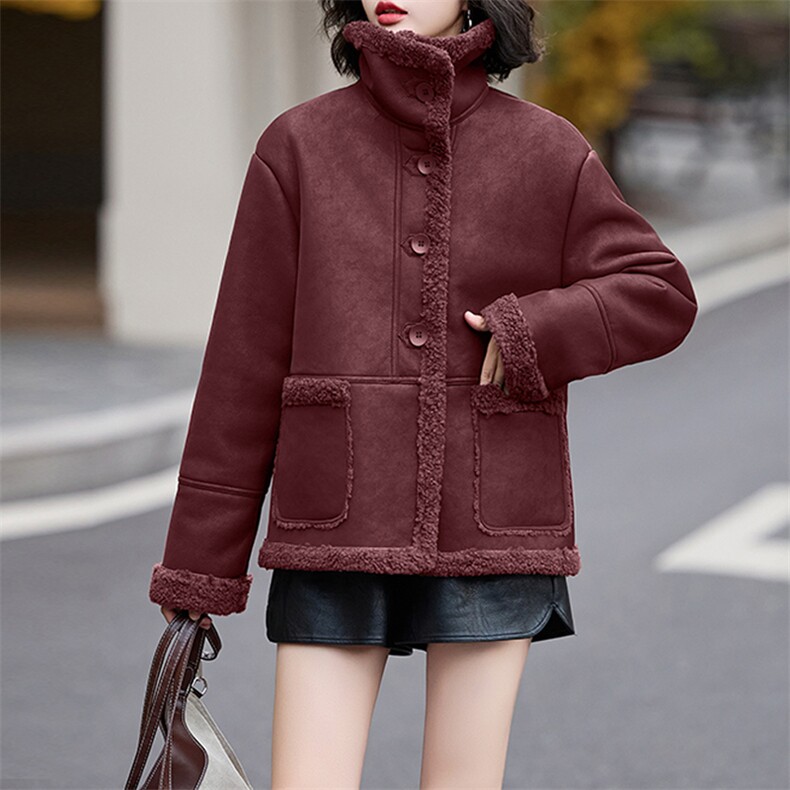 皮毛一体仿羊羔毛外套女短款2024新款秋冬季加绒机车服加厚皮夹克,女装羊羔毛/颗粒绒,潮流依族