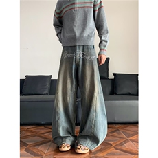 美式复古辣妹重工字母烫钻牛仔裤子设计感小众拖地阔腿长裤，男装牛仔裤，星座1018A