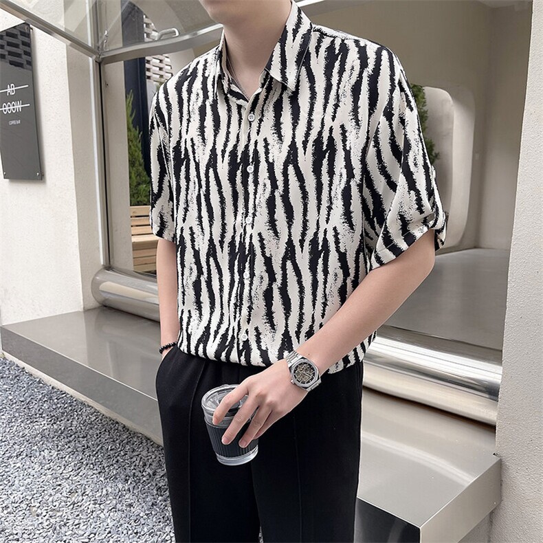 轻熟风~大码男装夏季斑马纹中袖衬衫  C211/P40图片