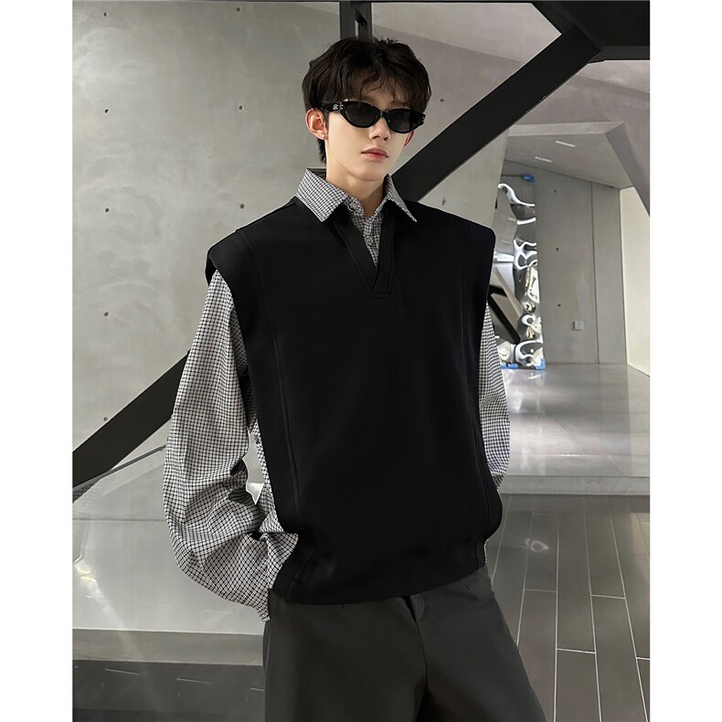 小众撞色面料拼接格子宽松卫衣高街假两件卫衣经典格子假两件P55，男装卫衣，电商B319