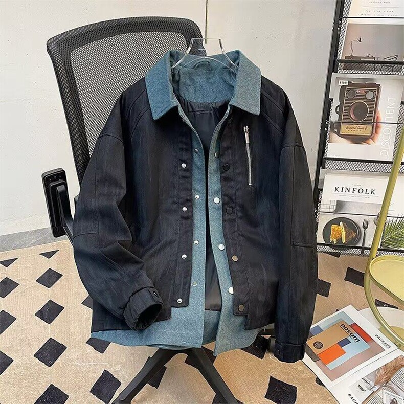 牛仔拼接假两件翻领外套男春秋痞帅衬衫领夹克上衣潮2877P100,男装夹克,星座410-2