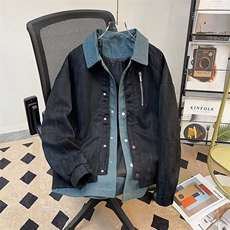 牛仔拼接假两件翻领外套男春秋痞帅衬衫领夹克上衣潮2877P100，男装夹克，星座410-2