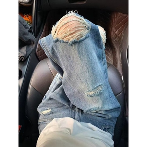 大码胖mm复古蓝破洞牛仔裤女高腰宽松垂感直筒阔腿长裤L83566-P48图片