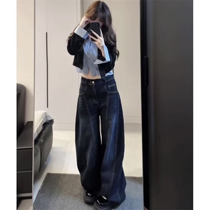 美式复古做旧水洗牛仔裤男cleanfit直筒阔腿拖地裤NK101-P53图片
