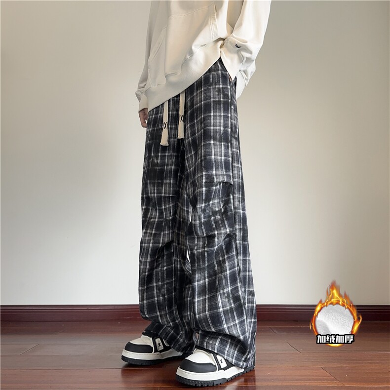抖音品质冬季加绒美式复古格子宽松卫裤B315-K806JR-特p40控78,男装休闲裤,电商B315