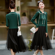 《新品》多色可选假两件针织网纱连衣裙，女装连衣裙，魅丽静蓝