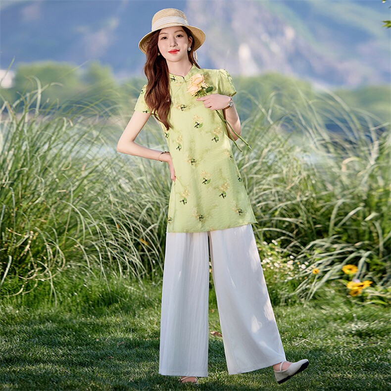 四季青2025夏季新款盘扣印花短袖衬衫时尚阔腿长裤两件套女潮,女装套装/套裙,魅影