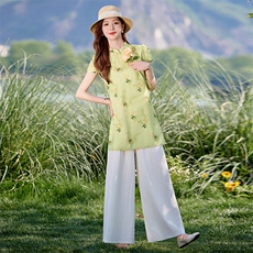四季青2025夏季新款盘扣印花短袖衬衫时尚阔腿长裤两件套女潮，女装套装/套裙，魅影