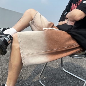 2025夏季新款牛仔短裤男直筒松紧腰复古做旧休闲裤子D12#-P38图片