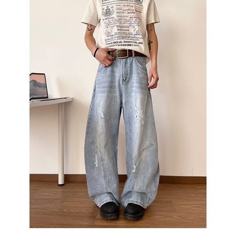 美式高街复古阔腿牛仔裤男水洗做旧潮牌宽松垂感弯刀裤YA9268-P55,男装牛仔裤,星座208-5