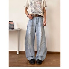 美式高街复古阔腿牛仔裤男水洗做旧潮牌宽松垂感弯刀裤YA9268-P55，男装牛仔裤，星座208-5