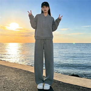 时尚休闲套装女春季新款宽松洋气减龄纯色圆领卫衣阔腿长裤两件套图片
