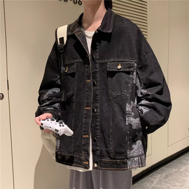 32-P50流行气质百搭慵懒新款文艺港风牛仔拼接印花夹克日系时尚,男装T恤,电商B323A