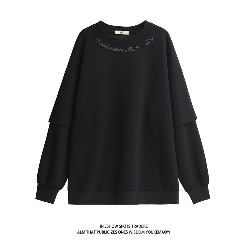 白底秋装新款假两件刺绣圆领卫衣秋季潮男装宽松情侣外套S240-P58，女装短外套，电商A233-2