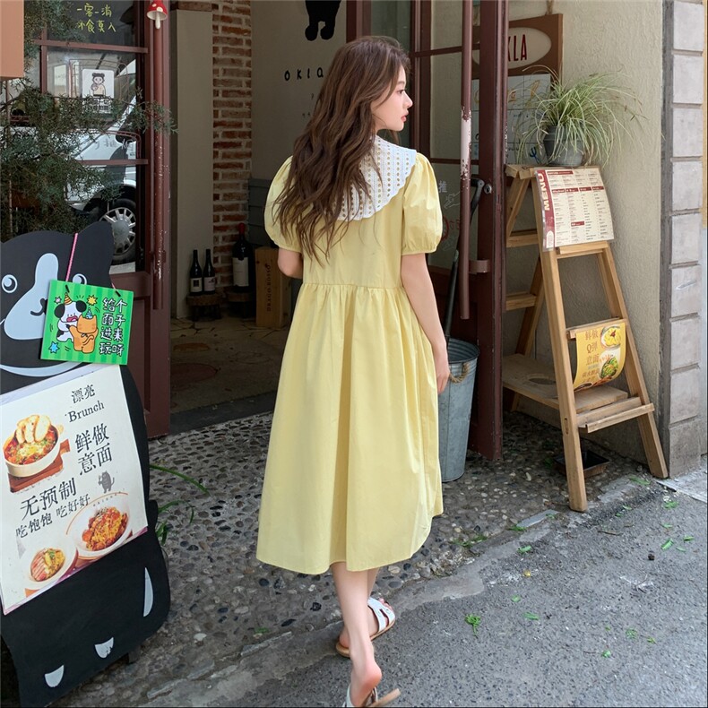 小清新黄色森系衬衫连衣裙女夏季2025新款披肩设计单排扣过膝长裙,女装连衣裙,2C090
