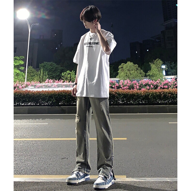 欧美hiphop街头破洞牛仔裤直筒微喇叭修身vibe美式乞丐裤潮牌图片