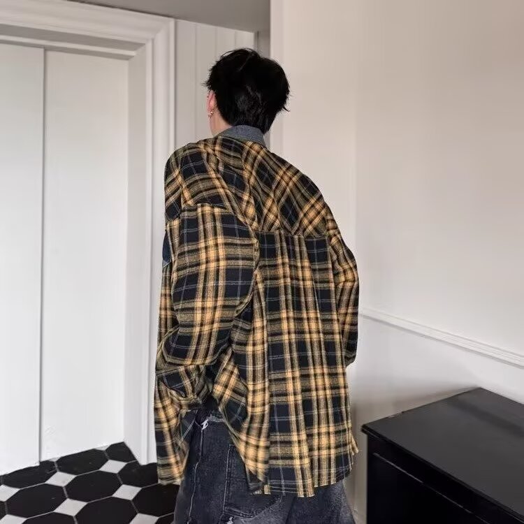 C621美式复古长袖格子衬衫男穿搭潮牌情侣拼接牛仔领黄色格纹外套,男装衬衫,星座308A-1（原309B-1）