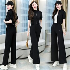 尾货通勤大牌外贸高端专柜牛货新款长袖撞色拉链上衣配阔腿裤套装，女装套装/套裙，卡杰菲